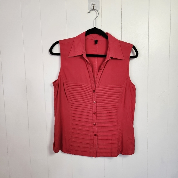 Kara Sleeveless Button Down Blouse Top Pink Silk Summer Travel Minimalist Classy - Picture 1 of 7